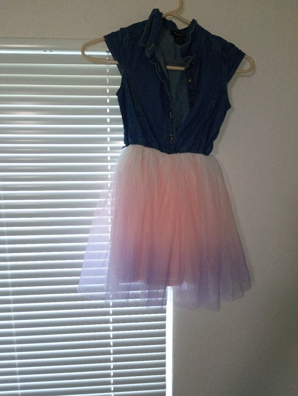 Zunie Denim Bodice Tulle Dress in Blue and Pink-Purple Ombre